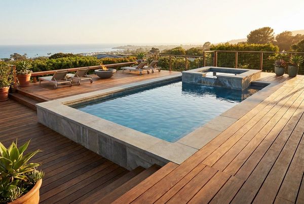 Pool deck with an attached spa and matching coping
