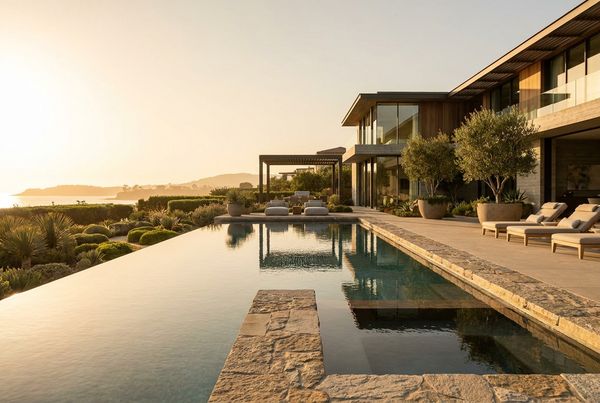 Swimming pool deck styled with light travertine pavers