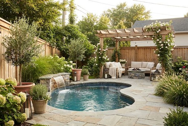 Swimming pool deck with a contrasting soldier-course border