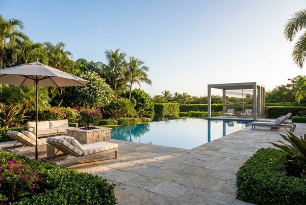 Swimming pool deck with built-in loungers in the shallow shelf