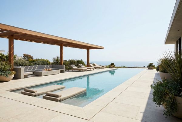 Swimming pool deck lit with low-voltage lighting at night