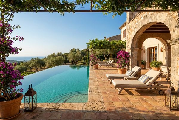 Swimming pool deck with a raised spa spilling into the pool
