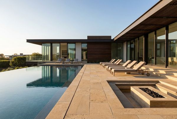 Swimming pool deck with a fire pit and travertine surround