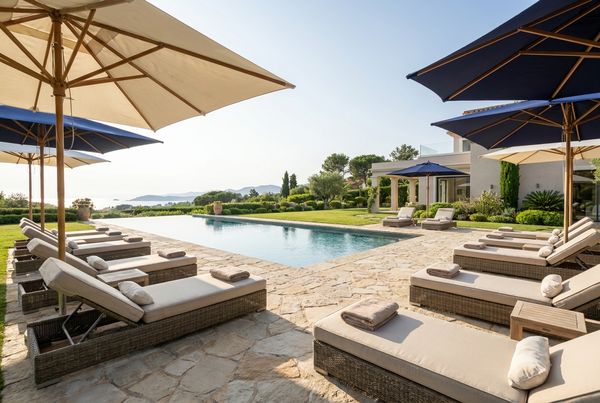 Swimming pool deck with a tan paver surround and planted beds
