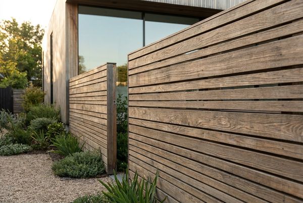 Horizontal wood-slat pool fence with warm timber tones