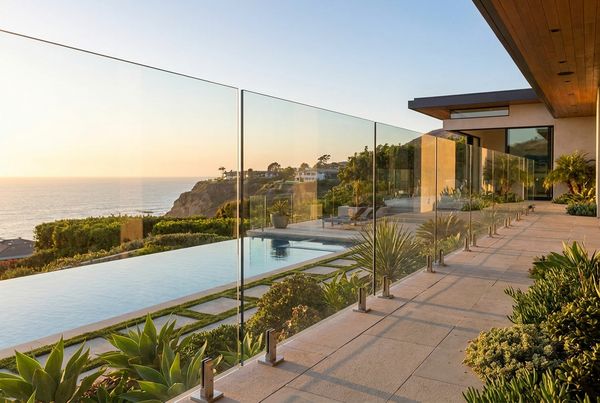 Frameless glass pool fence with an unobstructed view of the water