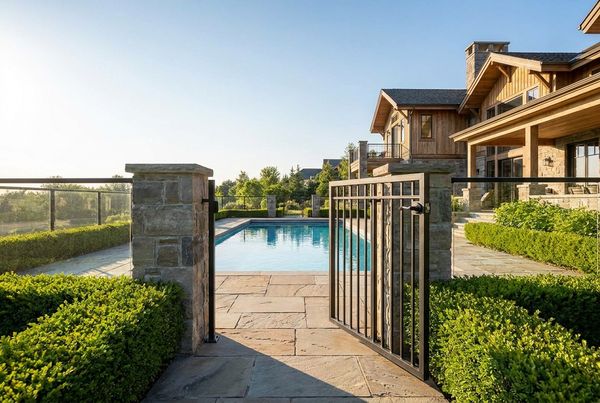 Self-closing pool gate with a childproof latch set into a metal fence