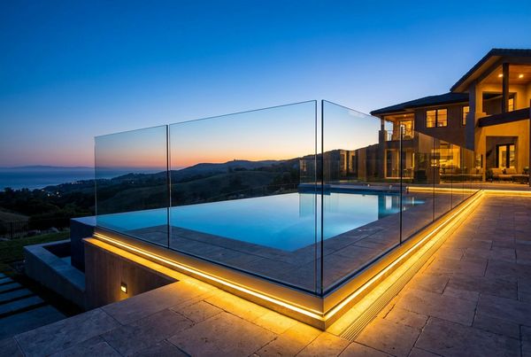 Glass pool fence glowing at dusk beside a lit swimming pool