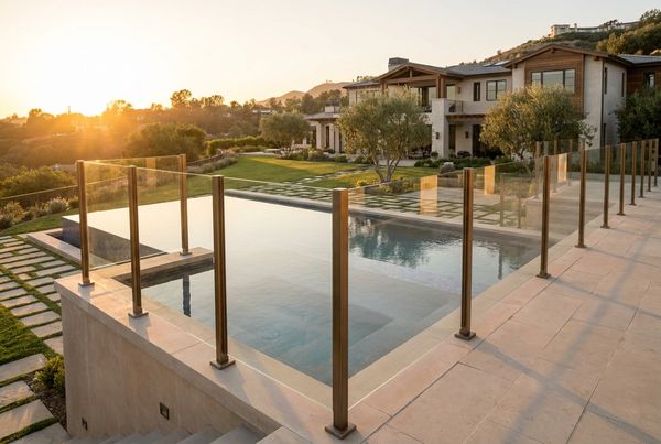 Frameless glass pool fence with polished stainless spigots