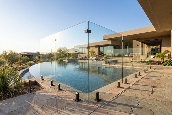 Aluminum pool fence with a self-latching gate on a paved deck