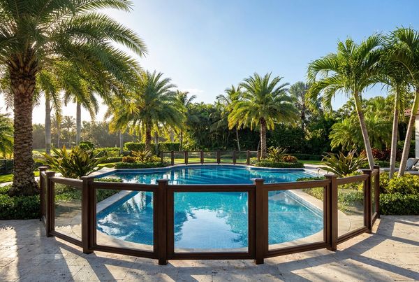 Backyard pool fully enclosed by a low-profile safety fence