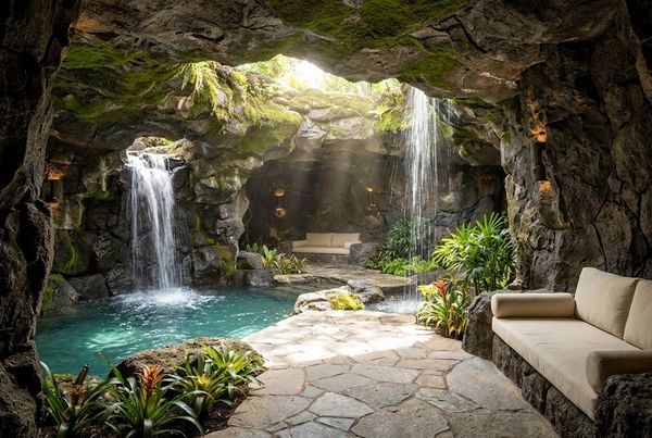 Natural rock pool grotto cave with a waterfall spilling over the opening