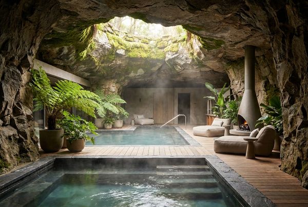 Pool grotto with a hidden spa tucked inside the rock cave