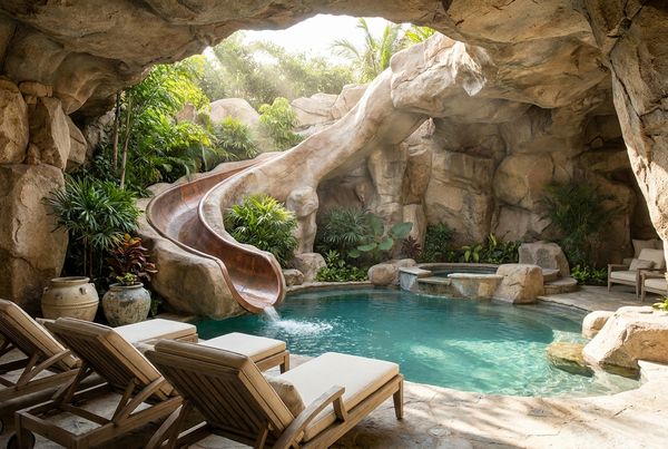 Pool grotto with a rock slide winding down the boulders into the water