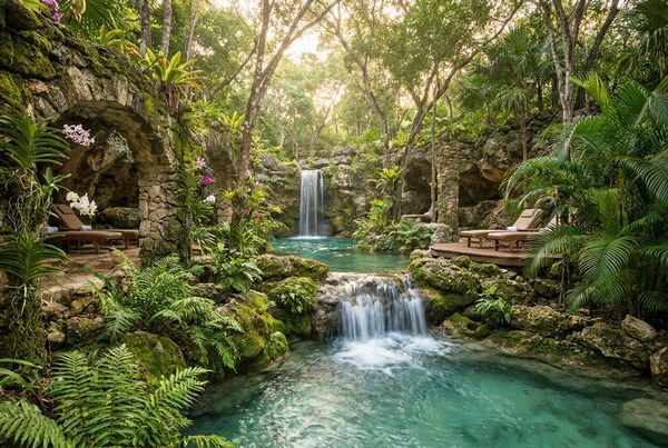 Lush tropical pool grotto surrounded by dense palms and greenery