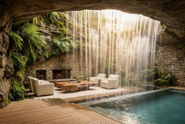 Pool grotto with a waterfall curtain over the cave opening