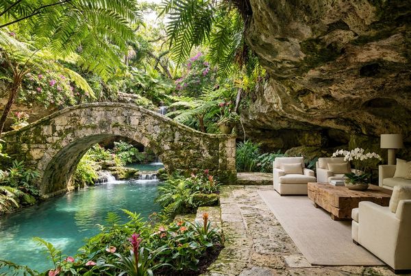 Detailed rockwork on a pool grotto and waterfall
