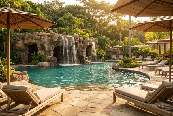 Lagoon-style pool with a large rock grotto as the centerpiece