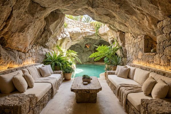 Pool grotto with built-in cave seating and a bench inside the rock