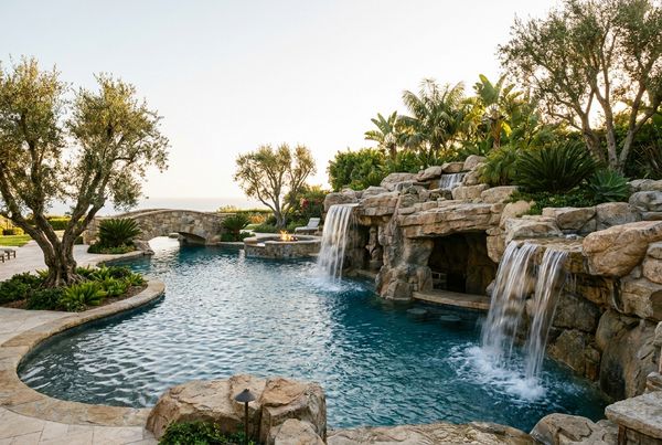 Freeform lagoon pool with a stone grotto and boulder edging