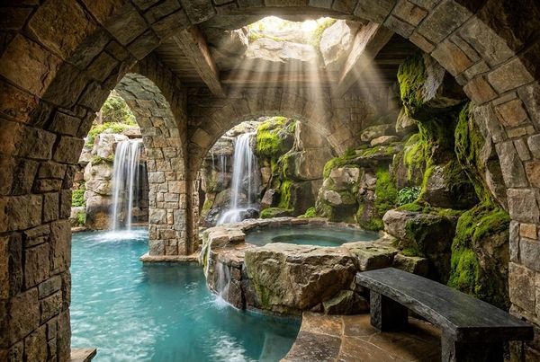 Modern stone pool grotto with clean geometric rockwork