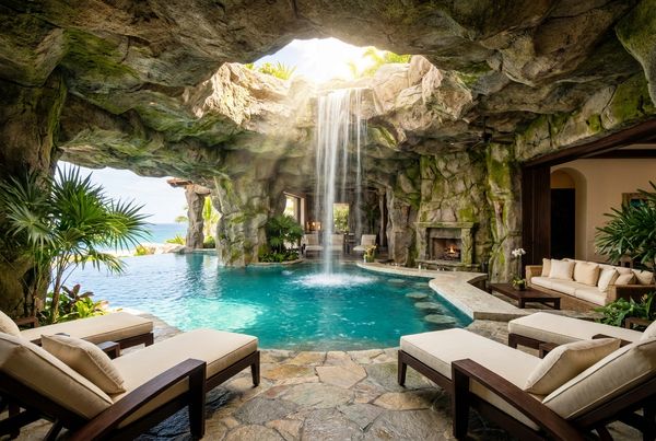 Pool grotto with a sheer waterfall curtain you swim behind