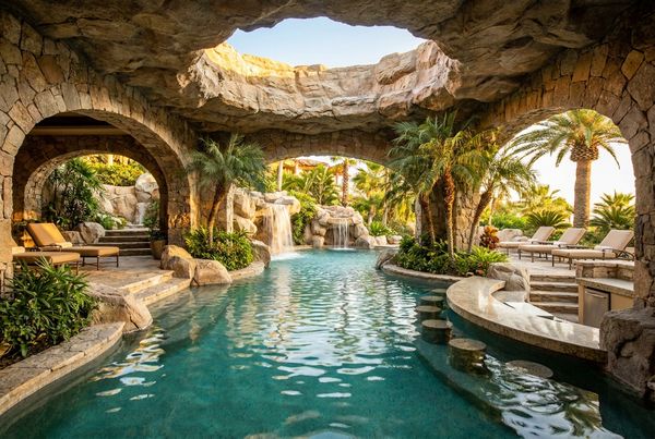 Aerial view of a lagoon pool with a rock grotto and waterfall