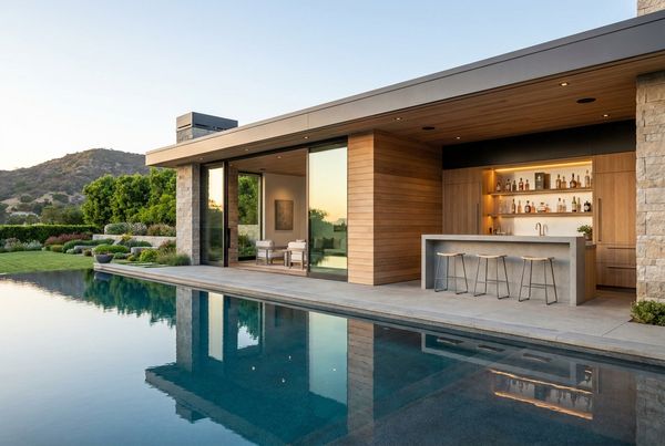 Modern pool house with a built-in bar and clean architectural lines