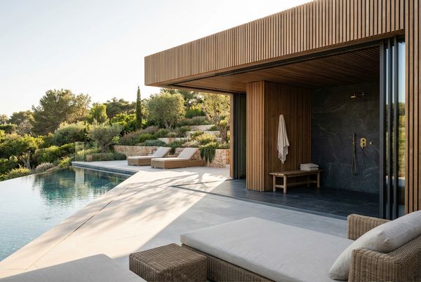 Pool house changing room with towel storage, hooks and a bench