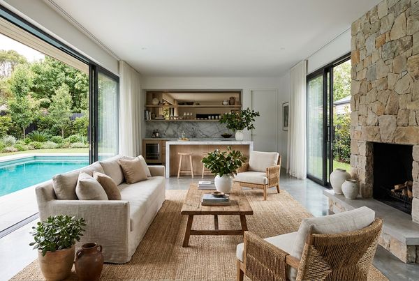 Pool house lounge with a sofa, TV and comfortable seating
