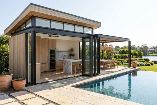 Pool house with a compact kitchenette and counter seating