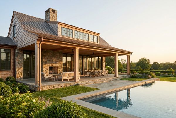 Pool house with a covered porch overlooking the pool deck