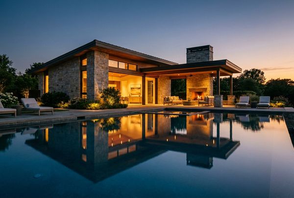 Pool house glowing softly with warm light at dusk