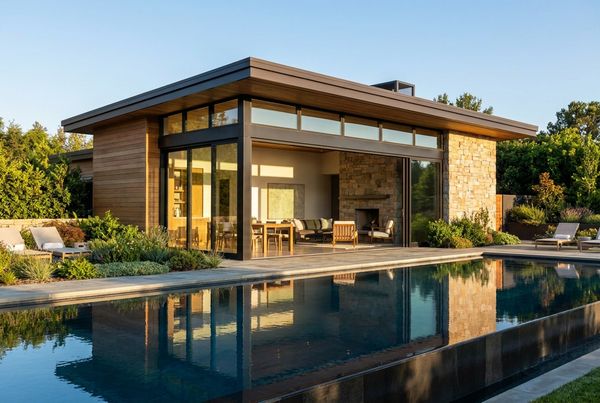 Pool house with sliding glass doors opening onto the pool deck