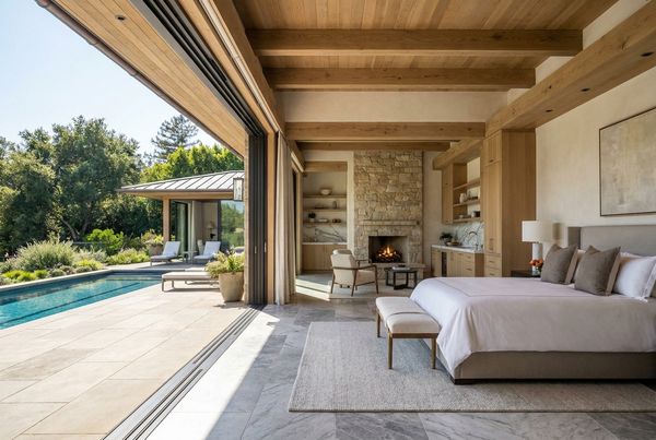 Pool house guest suite with a bed and a view out to the pool