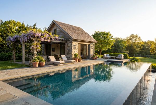 Pool house with a pergola shading a poolside seating area