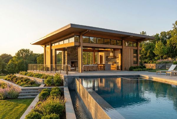 Modern white pool house with clean lines and a flat roof