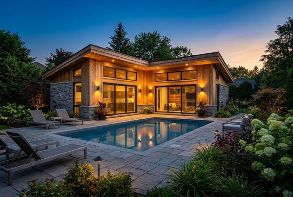Pool house styled with a lounge, daybed and soft outdoor textiles