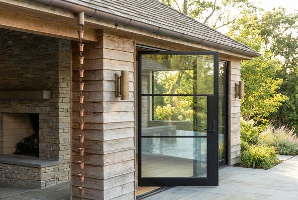 Pool house guest suite with a bed and a view out to the pool