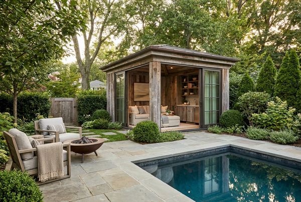 Pool house with a full kitchenette and counter seating