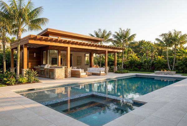 Resort-style pool house with a covered porch overlooking the pool