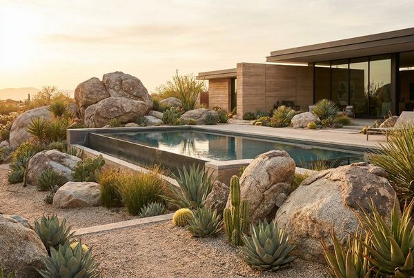 Desert xeriscape pool with succulents, cacti and boulders