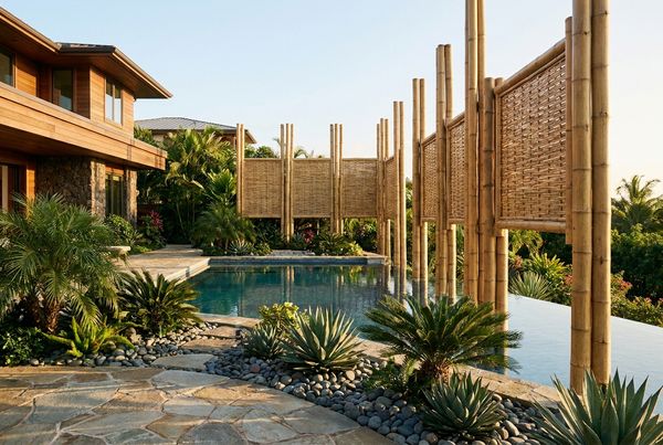 Tall bamboo privacy screen behind a swimming pool