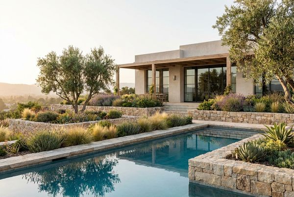 Layered planting beds around a pool in three tiers