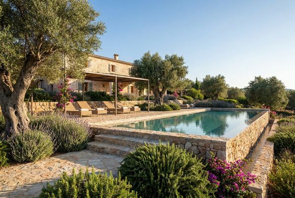 Mediterranean pool planting with olive trees and gravel