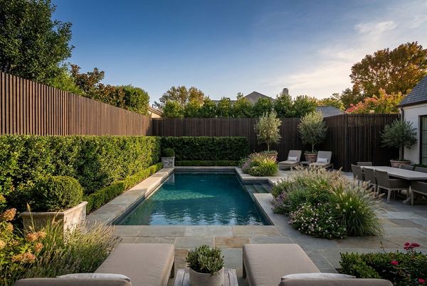 Pool with a privacy hedge and slat fence keeping planting off the coping