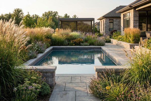 Swimming pool framed by ornamental grasses