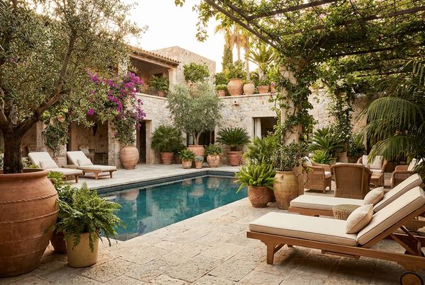 Potted plants arranged around a courtyard pool for flexible greenery