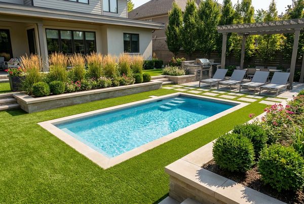 Pool with artificial turf and clean, edged planting beds