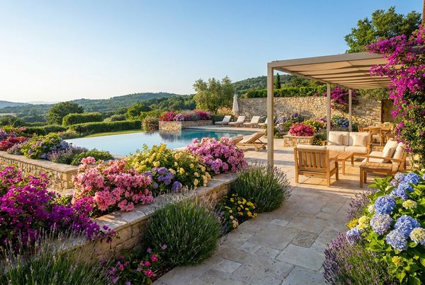 Pool surrounded by flowering shrubs adding seasonal color